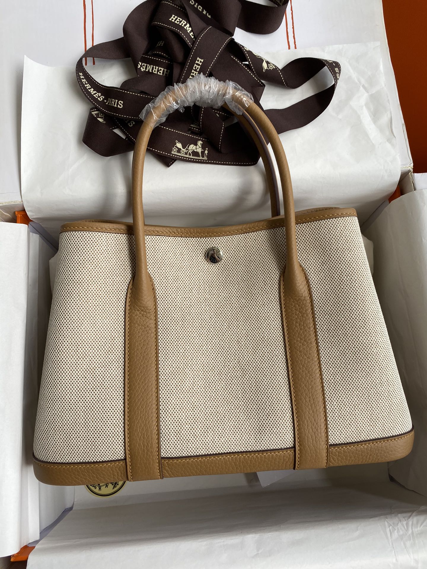 Hermes Garden Party 30cm Canvas Tote Handbag In Toffee Clemence Leather